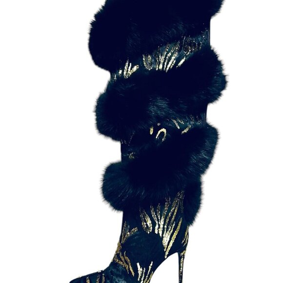 Jennifer Le BLK GLD X (RUNWAY) Thigh Boots RETAILS $1,150 REAL LEATHER & FOX FUR - Picture 2 of 10